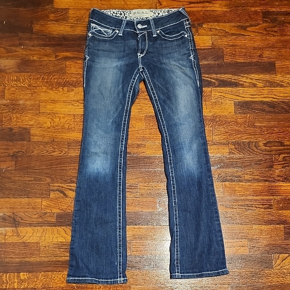 Ariat Real Denim Womens Dark Blue Low Rise Emboidered Pocket Boot Cut Jeans 27R - Picture 1 of 11